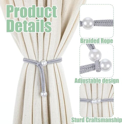 8Pcs Curtain Tie No Drilling for Drapes, Adjustable Curtain Rope Tiebacks Silver Curtain Holders Backs with Pearl for Home Hotel Office Living Room Bedroom in Kuwait