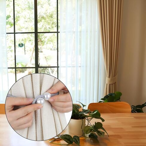8Pcs Curtain Tie No Drilling for Drapes, Adjustable Curtain Rope Tiebacks Silver Curtain Holders Backs with Pearl for Home Hotel Office Living Room Bedroom in Kuwait