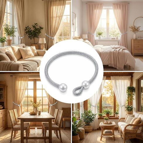 8Pcs Curtain Tie No Drilling for Drapes, Adjustable Curtain Rope Tiebacks Silver Curtain Holders Backs with Pearl for Home Hotel Office Living Room Bedroom in Kuwait