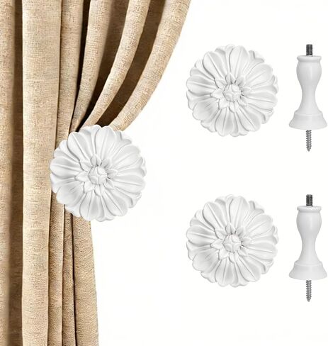 Blossom Curtain Holdbacks, Set of 2 White - Tassel Tiebacks, Wall Hook for Drapes, Vintage Window Decor with Elegant Floral Medallion Design in Saudi Arabia