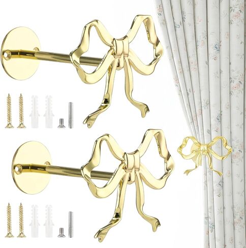 2 PCS Bow Curtain Holdbacks, Golden Metal Bow Curtain Block for Drapes, Wall Mounted Bow Curtain Tiebacks, Decorative Curtain Holders for Living Room Bedroom Office Home Window in Kuwait