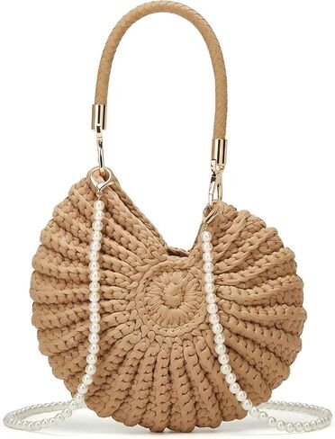 Crochet Seashell Bag for Women - Handmade Beachy Shoulder Purse with Pearl Chain, Woven Shell Crossbody Handbag for Summer Vacation and Beach Trips, Unique Gift in Saudi Arabia