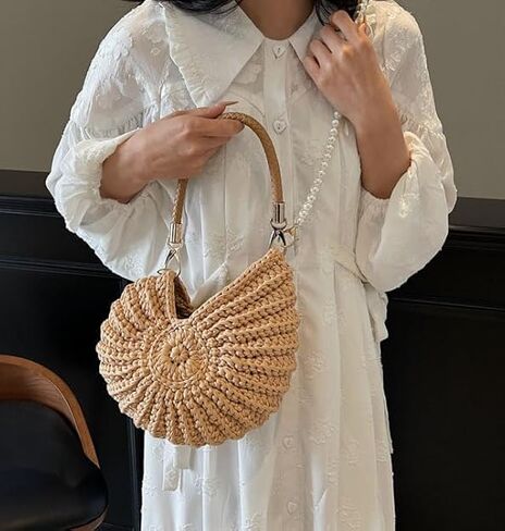 Crochet Seashell Bag for Women - Handmade Beachy Shoulder Purse with Pearl Chain, Woven Shell Crossbody Handbag for Summer Vacation and Beach Trips, Unique Gift in Saudi Arabia