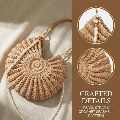 Crochet Seashell Bag for Women - Handmade Beachy Shoulder Purse with Pearl Chain, Woven Shell Crossbody Handbag for Summer Vacation and Beach Trips, Unique Gift in Saudi Arabia