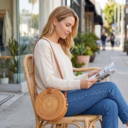 Handwoven Round Rattan Straw Bag for Women in Kuwait
