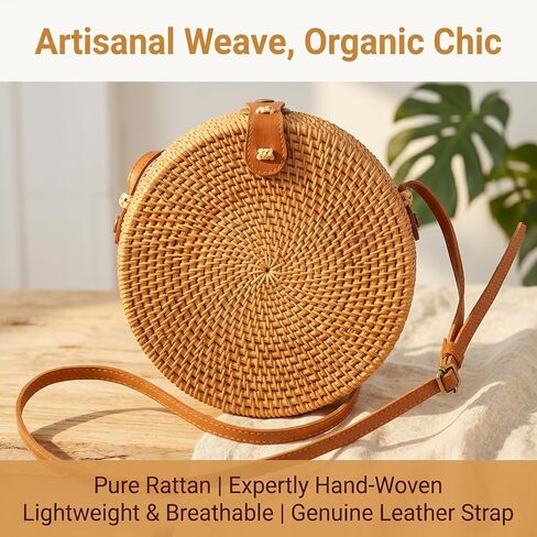 Handwoven Round Rattan Straw Bag for Women in Kuwait