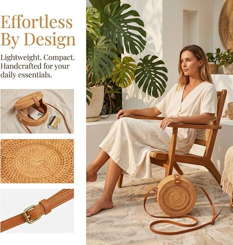 Handwoven Round Rattan Straw Bag for Women in Kuwait