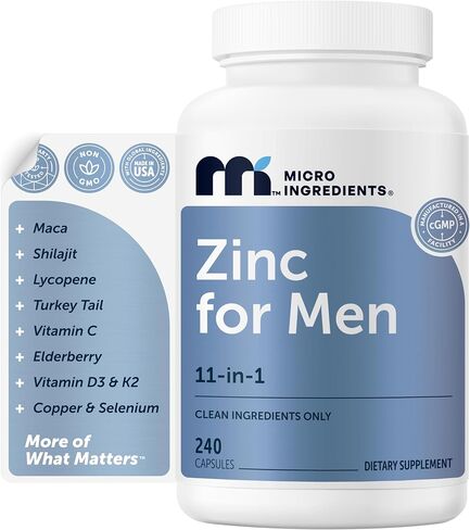 Micro Ingredients Zinc for Men 50 mg Per Serving, 240 Capsules | 11-in-1 Chelated Zinc Picolinate with Shilajit, Maca, Lycopene, Vitamin C, D3K2, Selenium & Copper | Filler Free & Gluten Free Non-GMO in Kuwait