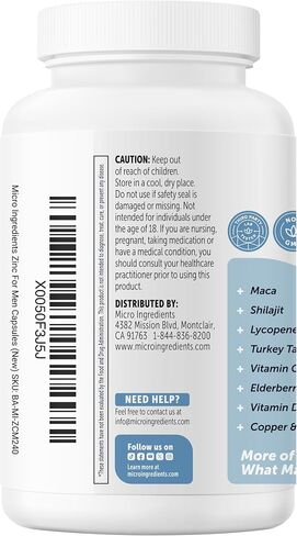 Micro Ingredients Zinc for Men 50 mg Per Serving, 240 Capsules | 11-in-1 Chelated Zinc Picolinate with Shilajit, Maca, Lycopene, Vitamin C, D3K2, Selenium & Copper | Filler Free & Gluten Free Non-GMO in Kuwait
