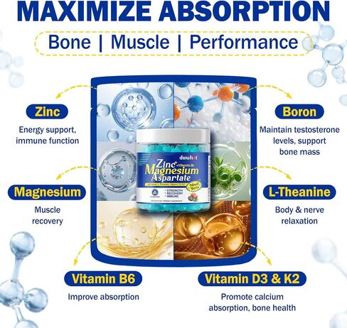 Magnesium Zinc Supplement, Zinc Magnesium Aspartate with Vitamin B6 D3 K2, L-Theanine & Boron, Muscle Recovery, Energy Support, Bone Health, Sugar Free 60 Gummies in Kuwait