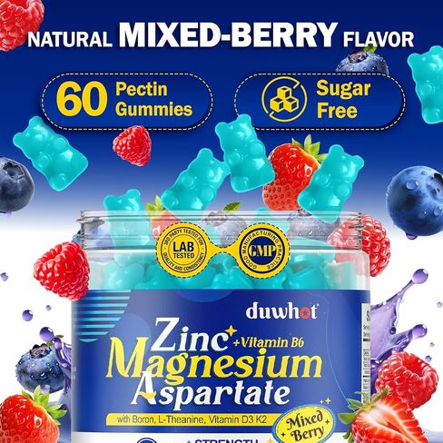 Magnesium Zinc Supplement, Zinc Magnesium Aspartate with Vitamin B6 D3 K2, L-Theanine & Boron, Muscle Recovery, Energy Support, Bone Health, Sugar Free 60 Gummies in Kuwait