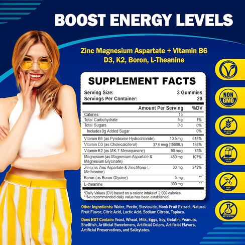 Magnesium Zinc Supplement, Zinc Magnesium Aspartate with Vitamin B6 D3 K2, L-Theanine & Boron, Muscle Recovery, Energy Support, Bone Health, Sugar Free 60 Gummies in Kuwait