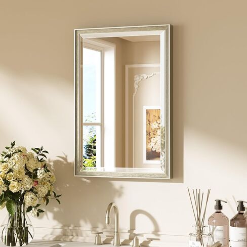 Keonjinn 16" x 24" Brushed Nickel Framed Mirror, Silver Bathroom Mirrors Beveled Edge, Decorative Aluminum Alloy Frame, Tempered Glass, Shatterproof, Modern Farmhouse Rectangular Mirror for Hallway in Saudi Arabia