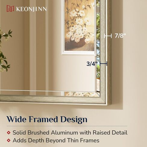 Keonjinn 16" x 24" Brushed Nickel Framed Mirror, Silver Bathroom Mirrors Beveled Edge, Decorative Aluminum Alloy Frame, Tempered Glass, Shatterproof, Modern Farmhouse Rectangular Mirror for Hallway in Saudi Arabia