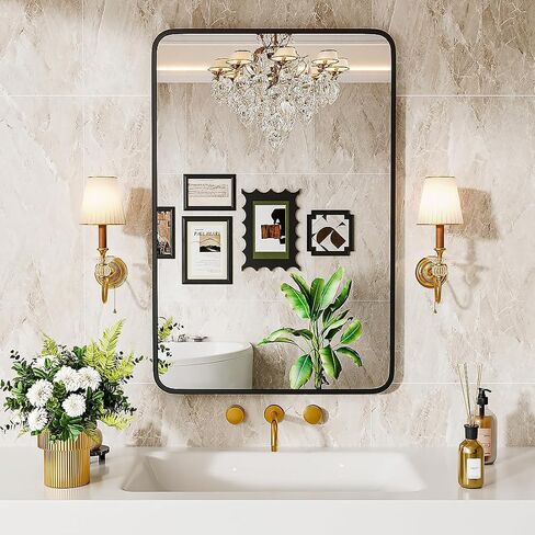 22" x 30" Bathroom Mirror Black Bathroom Mirrors for Over Sink Modern Bathroom Vanity Mirror for Bedroom Entryway or Living, Metal Framed HD Tempered Glass Room Horizontal or Vertical in Kuwait