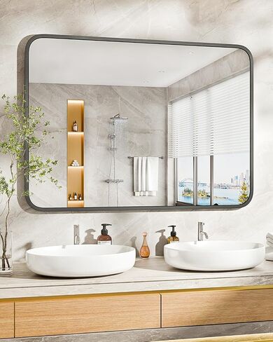 22" x 30" Bathroom Mirror Black Bathroom Mirrors for Over Sink Modern Bathroom Vanity Mirror for Bedroom Entryway or Living, Metal Framed HD Tempered Glass Room Horizontal or Vertical in Kuwait