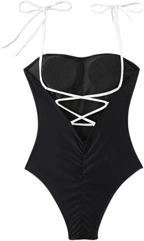 Womens Backless Colorblock Spaghetti Strap Monokini Swimsuit - Sexy One-Piece Bathing Suit for Beach & Vacation in Kuwait