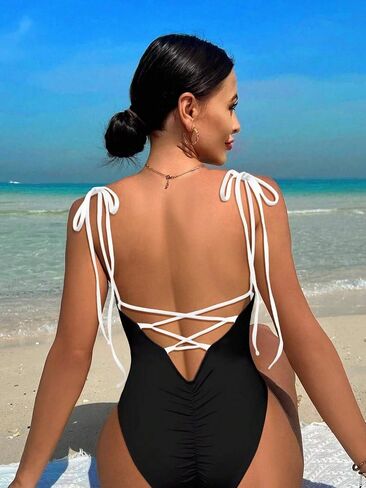 Womens Backless Colorblock Spaghetti Strap Monokini Swimsuit - Sexy One-Piece Bathing Suit for Beach & Vacation in Kuwait