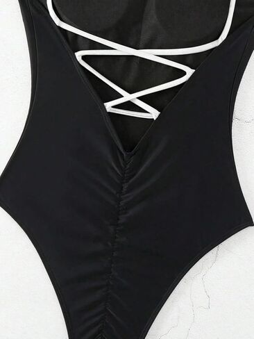 Womens Backless Colorblock Spaghetti Strap Monokini Swimsuit - Sexy One-Piece Bathing Suit for Beach & Vacation in Kuwait