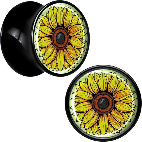 Body Candy 2PC Black Acrylic Blossom Creation Sunflower Saddle Plugs Double Flare Plug Ear Plug Gauges in Kuwait