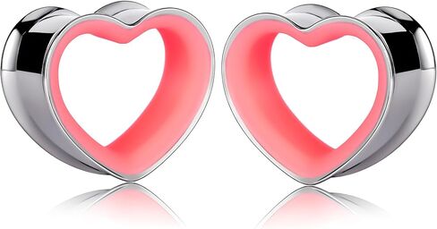 Heart Shape Ear Tunnels Plugs 316 Stainless Steel Heart Hollow Double Flared Ear Gauges Tunnels Stretcher Body Piercing Earring Jewelry for Women Men 8mm-19mm (Silver Pink, 19mm(3/4")) in Kuwait