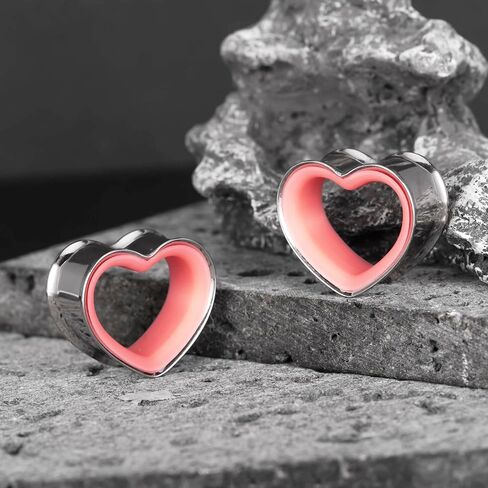 Heart Shape Ear Tunnels Plugs 316 Stainless Steel Heart Hollow Double Flared Ear Gauges Tunnels Stretcher Body Piercing Earring Jewelry for Women Men 8mm-19mm (Silver Pink, 19mm(3/4")) in Kuwait