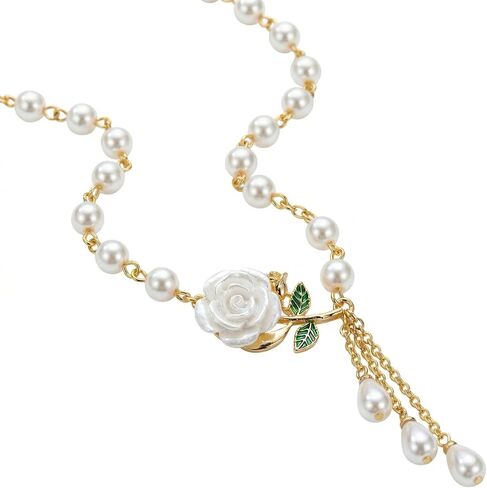 White Rose Pearl Necklace for Women, Gold Plated Floral Tassel Pendant Necklace, Elegant Jewelry Gift in Kuwait