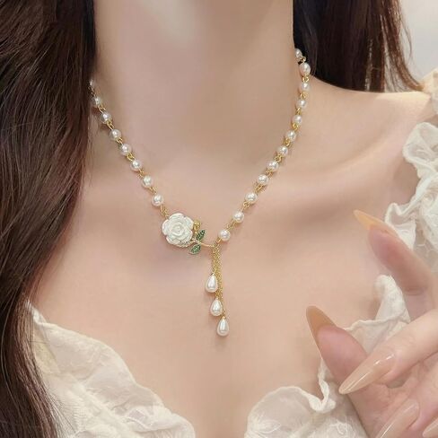 White Rose Pearl Necklace for Women, Gold Plated Floral Tassel Pendant Necklace, Elegant Jewelry Gift in Kuwait