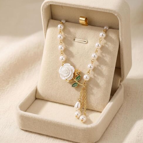 White Rose Pearl Necklace for Women, Gold Plated Floral Tassel Pendant Necklace, Elegant Jewelry Gift in Kuwait