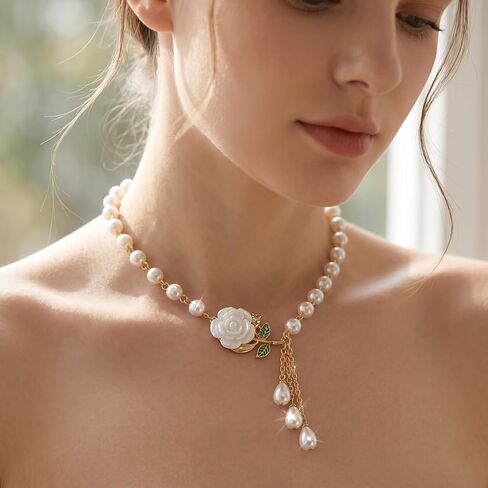 White Rose Pearl Necklace for Women, Gold Plated Floral Tassel Pendant Necklace, Elegant Jewelry Gift in Kuwait