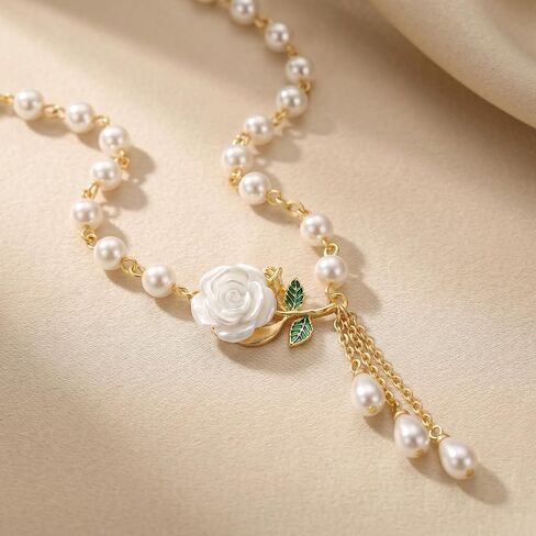 White Rose Pearl Necklace for Women, Gold Plated Floral Tassel Pendant Necklace, Elegant Jewelry Gift in Kuwait