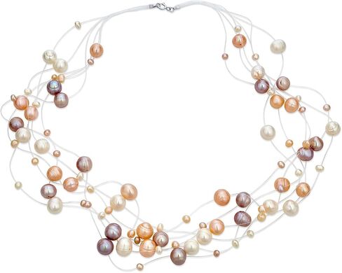 Bling Jewelry Shades of Pink Cream Multi Strand Fishing Line Freshwater Cultured Pearl Illusion Necklace Wedding Bridesmaid Formal Party in Kuwait