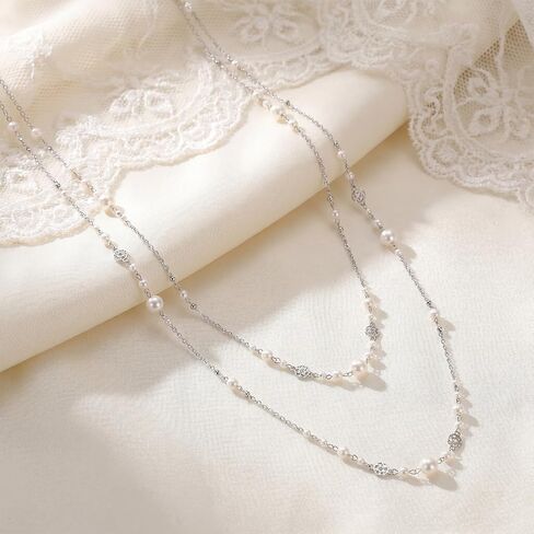 2Pcs Long Chain Pearl Necklaces Silver Dainty Necklace Statement Sweater Strand Chain Jewelry Strand Necklaces Fashion Jewelry Gift for Women in Saudi Arabia