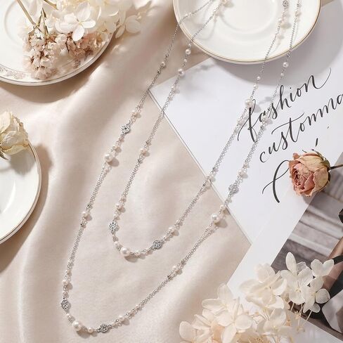 2Pcs Long Chain Pearl Necklaces Silver Dainty Necklace Statement Sweater Strand Chain Jewelry Strand Necklaces Fashion Jewelry Gift for Women in Saudi Arabia