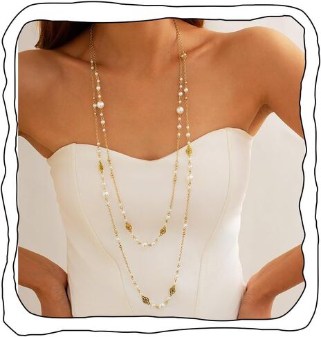 Long Pearl Necklaces for Women Layered Pearls Strand Necklace Gold Dainty Necklaces 1920s Statement Sweater Strand Chain Jewelry (Gold-Chain) in Kuwait
