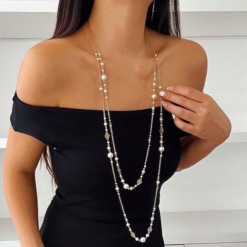 Long Pearl Necklaces for Women Layered Pearls Strand Necklace Gold Dainty Necklaces 1920s Statement Sweater Strand Chain Jewelry (Gold-Chain) in Kuwait