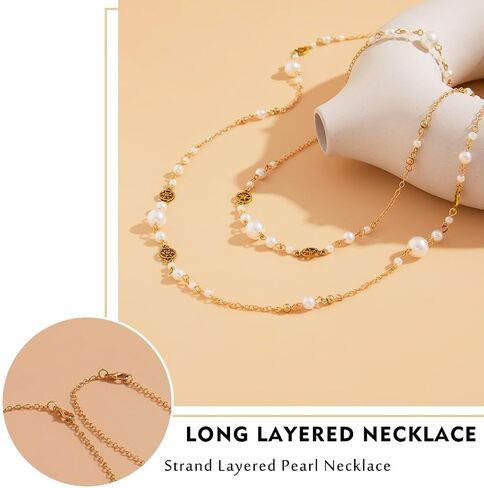 Long Pearl Necklaces for Women Layered Pearls Strand Necklace Gold Dainty Necklaces 1920s Statement Sweater Strand Chain Jewelry (Gold-Chain) in Kuwait