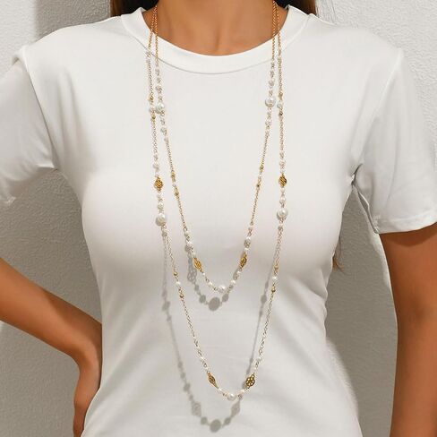 Long Pearl Necklaces for Women Layered Pearls Strand Necklace Gold Dainty Necklaces 1920s Statement Sweater Strand Chain Jewelry (Gold-Chain) in Kuwait
