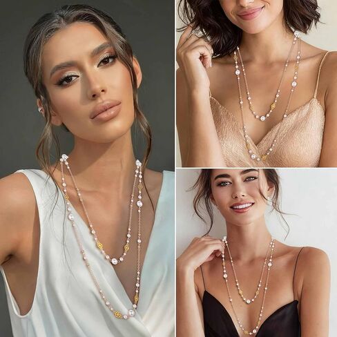 Long Pearl Necklaces for Women Layered Pearls Strand Necklace Gold Dainty Necklaces 1920s Statement Sweater Strand Chain Jewelry (Gold-Chain) in Kuwait