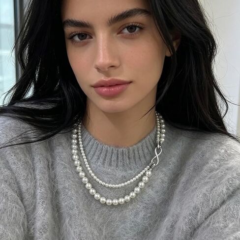 SukAmi 4-8mm White Pearl Necklace Women Layers Pearl Necklace Big Small Pearl Choker Infinity Pearl Necklaces Wedding Party Mother's Day Jewelry Gift 45cm in Kuwait