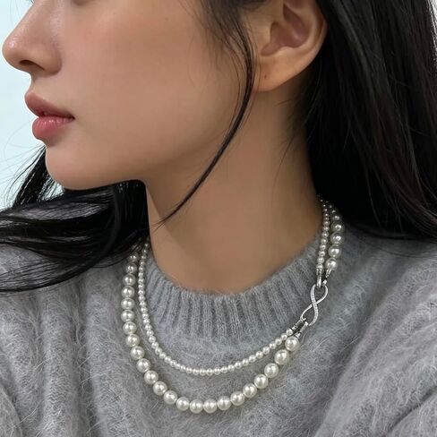 SukAmi 4-8mm White Pearl Necklace Women Layers Pearl Necklace Big Small Pearl Choker Infinity Pearl Necklaces Wedding Party Mother's Day Jewelry Gift 45cm in Kuwait