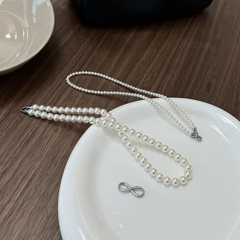 SukAmi 4-8mm White Pearl Necklace Women Layers Pearl Necklace Big Small Pearl Choker Infinity Pearl Necklaces Wedding Party Mother's Day Jewelry Gift 45cm in Kuwait