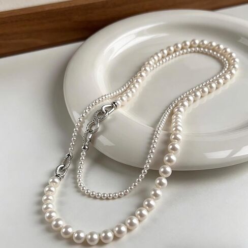 SukAmi 4-8mm White Pearl Necklace Women Layers Pearl Necklace Big Small Pearl Choker Infinity Pearl Necklaces Wedding Party Mother's Day Jewelry Gift 45cm in Kuwait