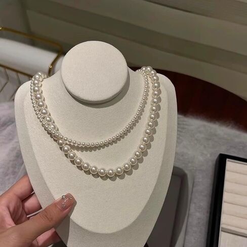 SukAmi 4-8mm White Pearl Necklace Women Layers Pearl Necklace Big Small Pearl Choker Infinity Pearl Necklaces Wedding Party Mother's Day Jewelry Gift 45cm in Kuwait