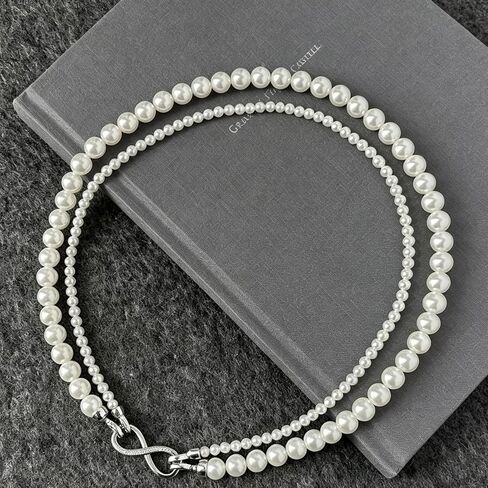 SukAmi 4-8mm White Pearl Necklace Women Layers Pearl Necklace Big Small Pearl Choker Infinity Pearl Necklaces Wedding Party Mother's Day Jewelry Gift 45cm in Kuwait