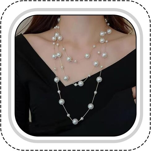 Pearl Layered Strand Necklaces for Women Long Multi Strand Pearl Chain Necklace Vintage Layered Statement Jewelry for Sweater Wedding Party Dress in Saudi Arabia