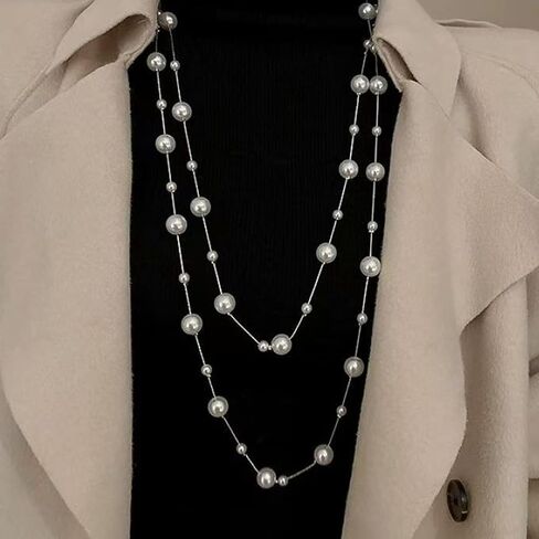 Pearl Layered Strand Necklaces for Women Long Multi Strand Pearl Chain Necklace Vintage Layered Statement Jewelry for Sweater Wedding Party Dress in Saudi Arabia