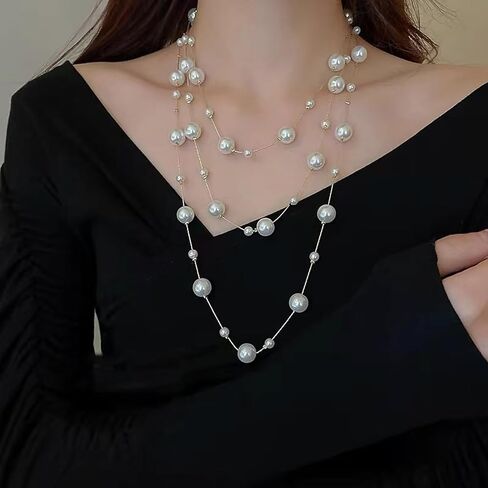 Pearl Layered Strand Necklaces for Women Long Multi Strand Pearl Chain Necklace Vintage Layered Statement Jewelry for Sweater Wedding Party Dress in Saudi Arabia