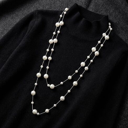 Pearl Layered Strand Necklaces for Women Long Multi Strand Pearl Chain Necklace Vintage Layered Statement Jewelry for Sweater Wedding Party Dress in Saudi Arabia