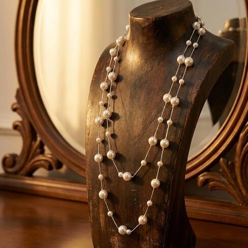 Pearl Layered Strand Necklaces for Women Long Multi Strand Pearl Chain Necklace Vintage Layered Statement Jewelry for Sweater Wedding Party Dress in Saudi Arabia